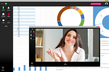 Naklejka na ściany i meble Video call. Digital conference. Online interview. Corporate telecommuting wfh. Screenshot of cheerful female executive applauding satisfied with successful project result on charts graphs.