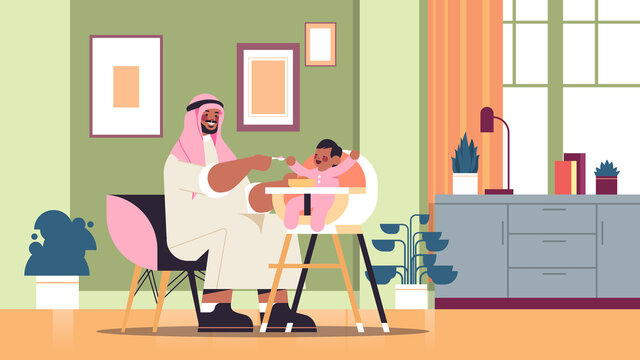 Arab Father Feeding His Little Son On Kids Eating Chair Fatherhood Parenting Concept Dad Spending Time With Baby At Home Living Room Interior Horizontal Full Length Vector Illustration