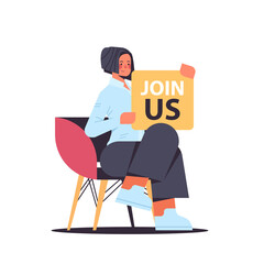 woman hr manager holding we are hiring join us poster vacancy open recruitment human resources concept isolated full length vector illustration