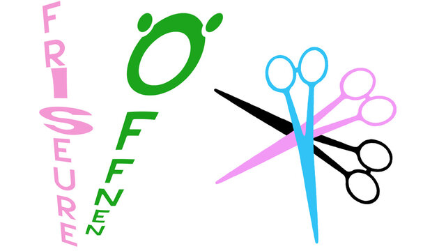 Die Haarschere als bunte Illustration. Friseure &ouml;ffnen wieder, Freisteller mit Textvorlage.