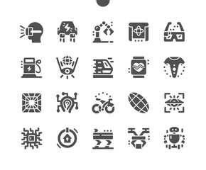 Fototapeta premium Technologies of the future. Virtual reality. Robotization. Vacuum trains. Solar panels and smart house. Vector Solid Icons. Simple Pictogram
