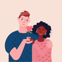 Romantic couple with heart. Portrait of European Man and Afro American woman hugging on dating. Valentines day greeting card with warm cuddling.