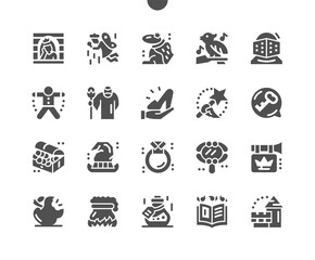 Fairy tales. Princess, cute, fantasy and magic. Witch hat. Spell book, ring, magic mirror and kingdom. Vector Solid Icons. Simple Pictogram