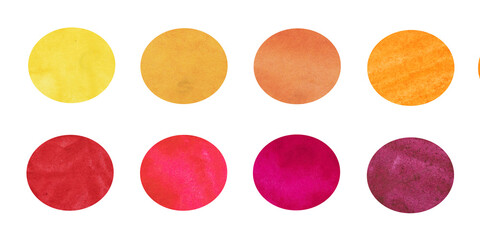 Set of round aquarell spot on white. Red, orange and yellow circles on watercolor paper, ink drop.