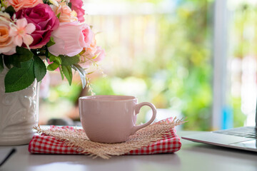 Coffee Time, Cup of coffee and laptop place on white home office.