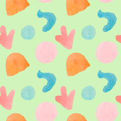 Watercolor abstract seamless pattern in on-trend colors.Print with circles in pink,orange,green,blue on green isolated background hand painted.Designs for textiles,social media,wrapping paper,fabric.