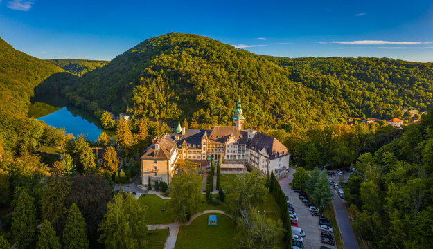 Lillafured, Hungary - Aerial view of the famous Lillafured Castle in the mountains of Bukk near Miskolc on a sunny summer morning with clear blue sky