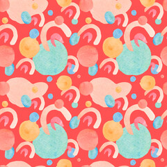Watercolor abstract seamless pattern in on-trend colors.Print with circles in pink,orange,green,blue on red isolated background hand painted.Designs for textiles,social media,wrapping paper,fabric.