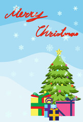 cute Christmas card, banner, poster contain tree with star on top and gift box on the ground and red alphabets on light blue land background with fall of snowflake