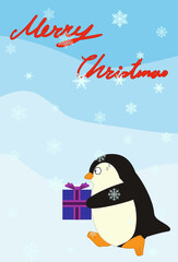 cute Christmas card, banner, poster contain penguin holding gift box run away and red alphabets on light blue land background with fall of snowflake