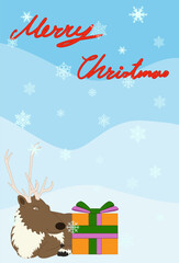 cute Christmas card, banner, poster contain Rudolph reindeer lie down beside gift box and red alphabets on light blue land background with fall of snowflake