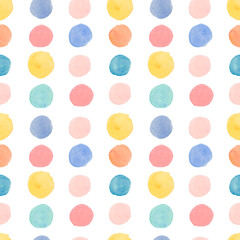 Watercolor abstract seamless pattern in on-trend colors.Static print with circles in blue,yellow,pink on white isolated background hand painted.Designs for textiles,social media,wrapping paper,fabric.