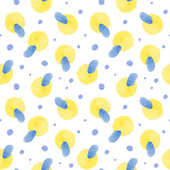 Watercolor abstract seamless pattern in on-trend colors.Print with circles in yellow,blue on white isolated background hand painted.Designs for textiles,social media,wrapping paper,fabric.
