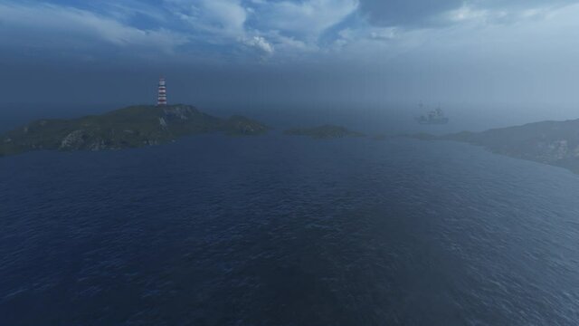 Boat approaching an island with a lighthouse on a misty weather
