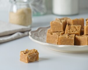 Homemade fudge cut into cubes on plate on white kitchen counter