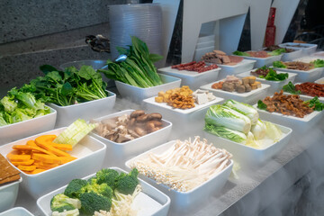 Fresh ingredients in the freezer of hotpot shop