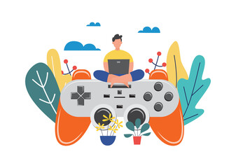 Esportsman or gamer on joystick for game console, flat vector illustration.