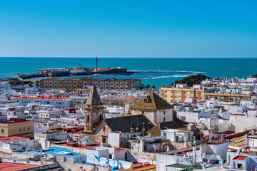Fototapeta na wymiar View of the old city rooftops from tower Tavira in Cadiz, Andalusia, Spain