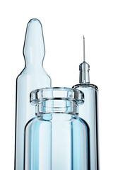 Pre-filled syringe, vaccine vial and ampoule isolated. 3D rendering illustration.