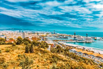 Panorama on Barcelona Seaport from Montjuïc castle.Catalonia.Spain .