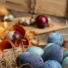Easter tradition of painting eggs at home with onion peel. Easter holidays concepts