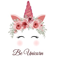 unicorn crown watercolor flower rose pink orange  Hand drawn illustration