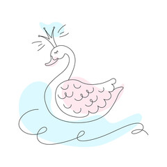 The Swan Princess with her eyes closed. The Silhouette of a swan and a wave. Swan Lake. Ballet. Doodle illustration. Outline and Line drawing style. A design element for a postcard, ticket, and banner