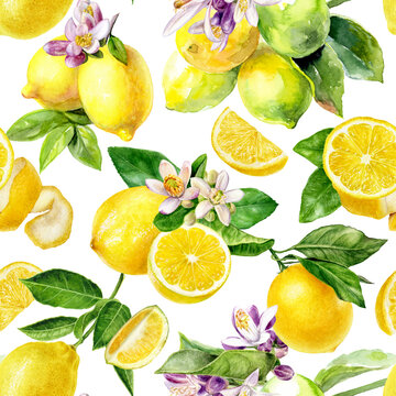 Watercolor seamless pattern lemons isolated on white background.