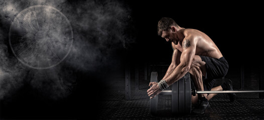 Muscular Man workout with barbell at gym Sports banner