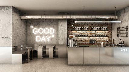 Cafe shop  Restaurant design Modern and Loft,Counter steel text neon cafe,Back counter brick wall shelf product,Menu text on concrete wall,Text "GOOD DAY " on concrete wall,Concrete floors -3D render