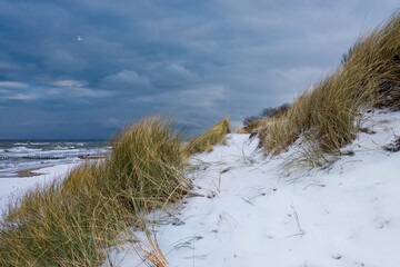 Schneebedeckter Strand und Dünnen am Ostseestrand von Kühlungsborn, Mecklenburg-Vorpommern, Deutschland