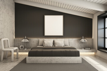 Bedroom under the roof interior design modern and loft - 3D render