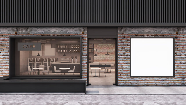 Front view Cafe shop and Restaurant design. Modern Loft wall brick frame windows black,Mock up frame on brick wall,Concrete floor- 3D render