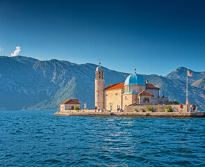 View on the temple Our Lady of the Rock in Perast, Montenegro.