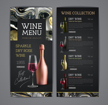 Wine menu design with alcohol ink texture. Marble texture background.