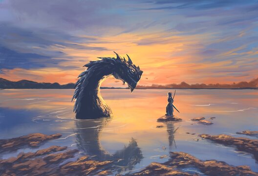 Fantasy dragon in the water