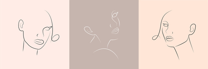 Set of minimal woman fale line art. Woman portrait for beauty salon, logo and emblem. Collection of contemporary portrait line art vector for label and cosmetics