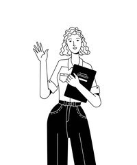 Young woman in office clothes holding documents and welcoming linear vector illustration. Friendly staff and proposal for cooperation black and white concept. Smiling female cartoon isolated character