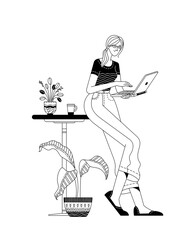 Young woman standing and working at laptop linear vector iullustration. Remote project management, freelance job, outsourcing, workplace, online education duotone concept. Black and white character