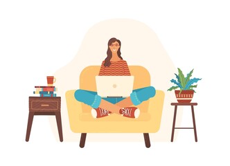 Happy woman sitting in chair and working on laptop at home flat vector illustration. Success, productivity, efficiency, self-discipline, self-development concept. Home worker female cartoon character