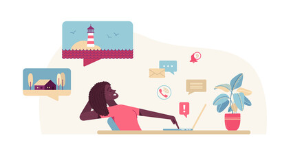 Woman working on laptop and dreaming of vacation flat vector illustration. Thoughtful girl keep on procrastinating work cartoon character. Work from home isolated on white background