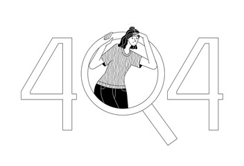 Young woman in HTTP 404 sign. Cartoon girl looking through magnifier in middle of number 404. File Not Found or Server Not Found error. Linear black and white onboarding illustration for websites