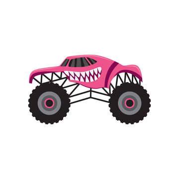 Pink cartoon monster truck with scary animal teeth design