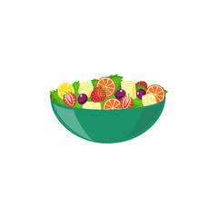 Bowl fruit salad of sliced fruits and berries flat vector illustration isolated.