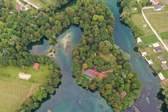 Aerial view of a heart shape bay on Una river in Bosnia and Herzegovina