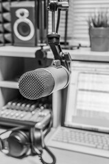 Professional microphone in radio station studio