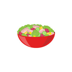 Fresh green salad with ham and salami in red bowl - healthy food