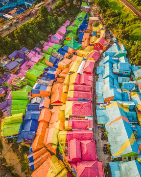 Aerial view of Kampung Warna Jodipan, a village painted with vibrant colours in Malang city, East Java, Indonesia.