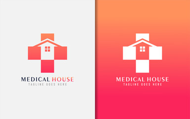 Medical House Logo Design. Abstract Medical Cross Symbol Combine with House Silhouette. Vector Logo Illustration.