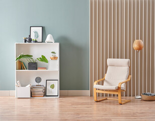 Green room white bookshelf vase of plant book and frame style, wooden chair and orange lamp style.